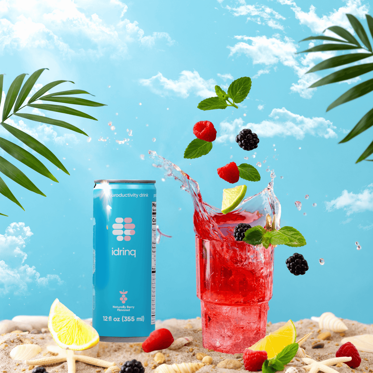 Idrinq Berry caffeine-free energy drink beside a glass of berry drink